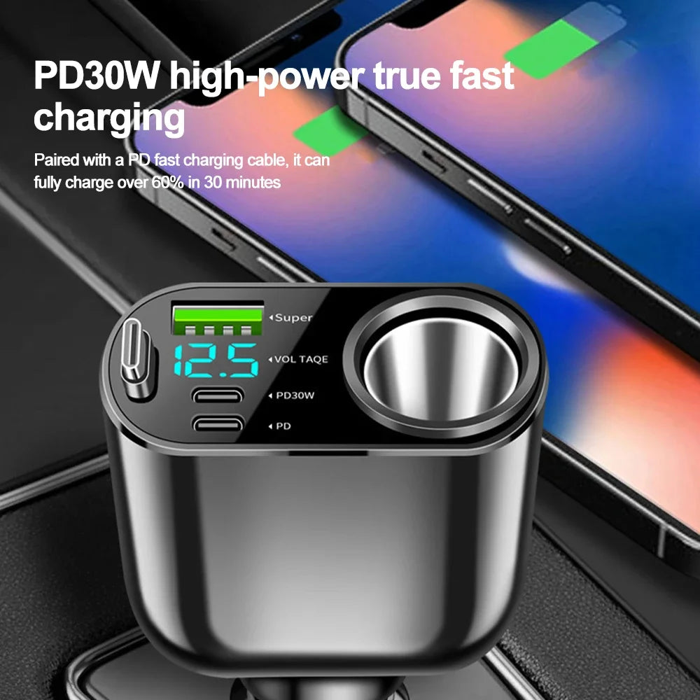 5 in 1 66W Car Charger Retractable Car Cigarette Lighter Adapter USB Type C Fast Charger Cable for IPhone Xiaomi Huawei Samsung