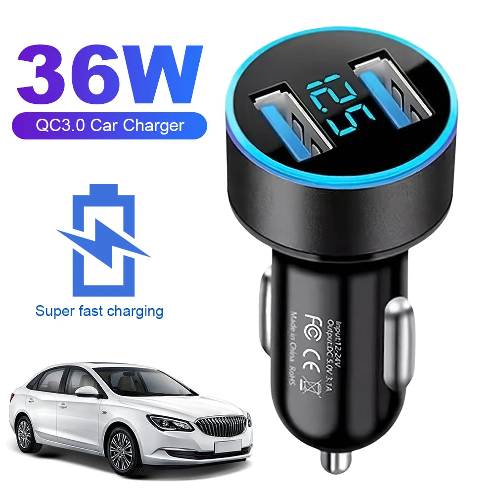 36W Cigarette Lighter Socket Splitter Voltage Display Quick Car Charger Dual USB PD QC3.0 Fast Charger for iPhone Samsung Xiaomi