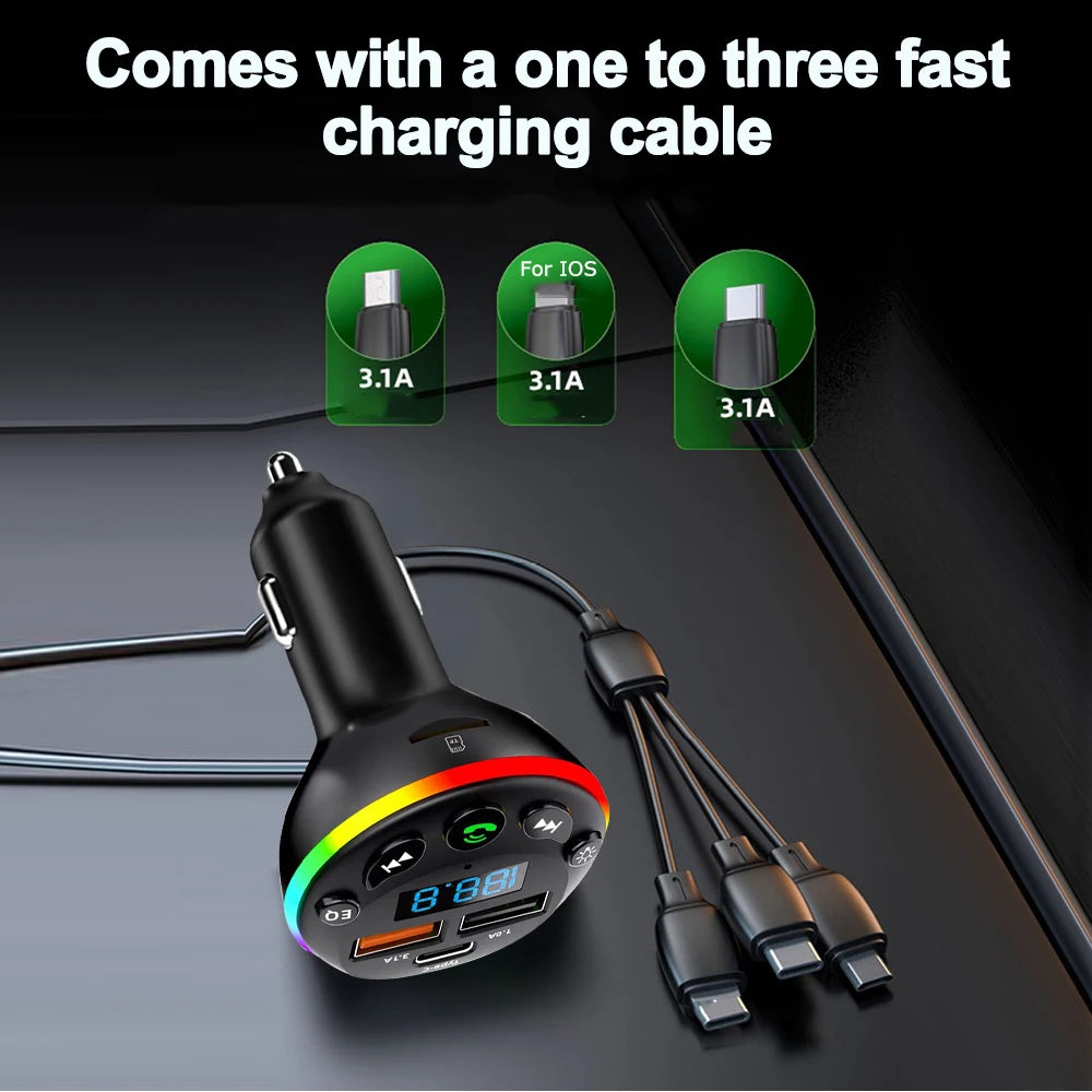 Bluetooth 5.0 FM Transmitter Car MP3 Modulator Player Handsfree Audio Receiver PD+USB Phone Charger With 3 in 1 Charge Cable