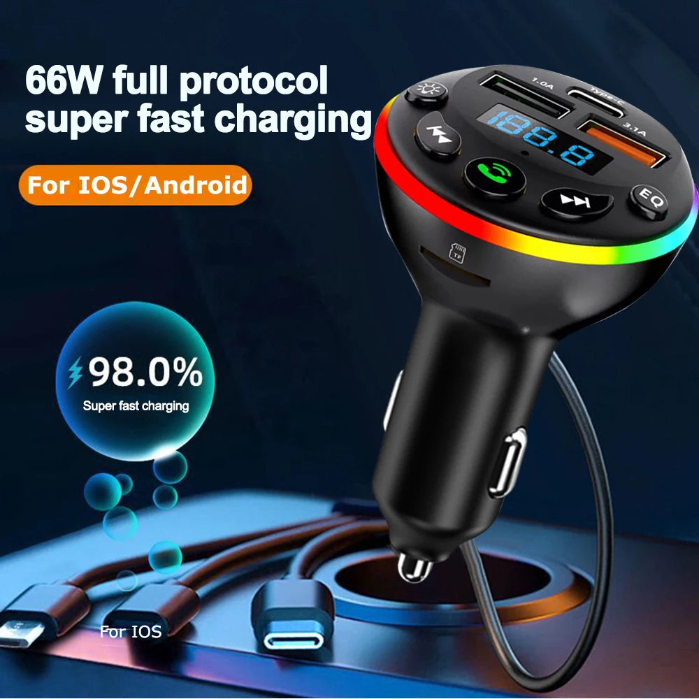 Bluetooth 5.0 FM Transmitter Car MP3 Modulator Player Handsfree Audio Receiver PD+USB Phone Charger With 3 in 1 Charge Cable