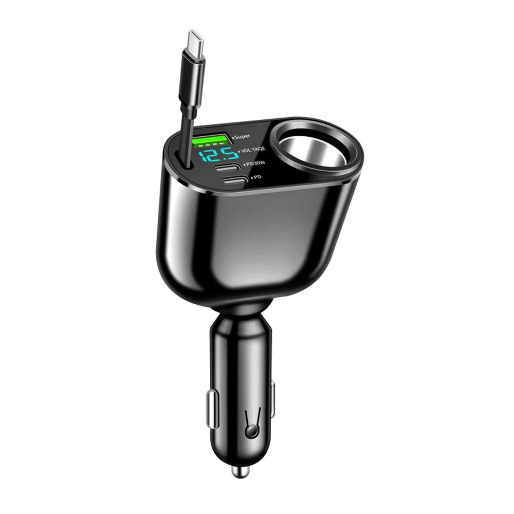 5 in 1 66W Car Charger Retractable Car Cigarette Lighter Adapter USB Type C Fast Charger Cable for IPhone Xiaomi Huawei Samsung
