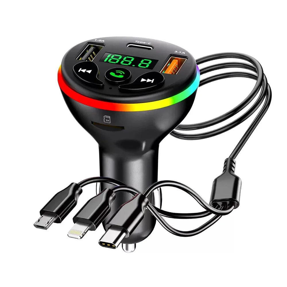 Bluetooth 5.0 FM Transmitter Car MP3 Modulator Player Handsfree Audio Receiver PD+USB Phone Charger With 3 in 1 Charge Cable
