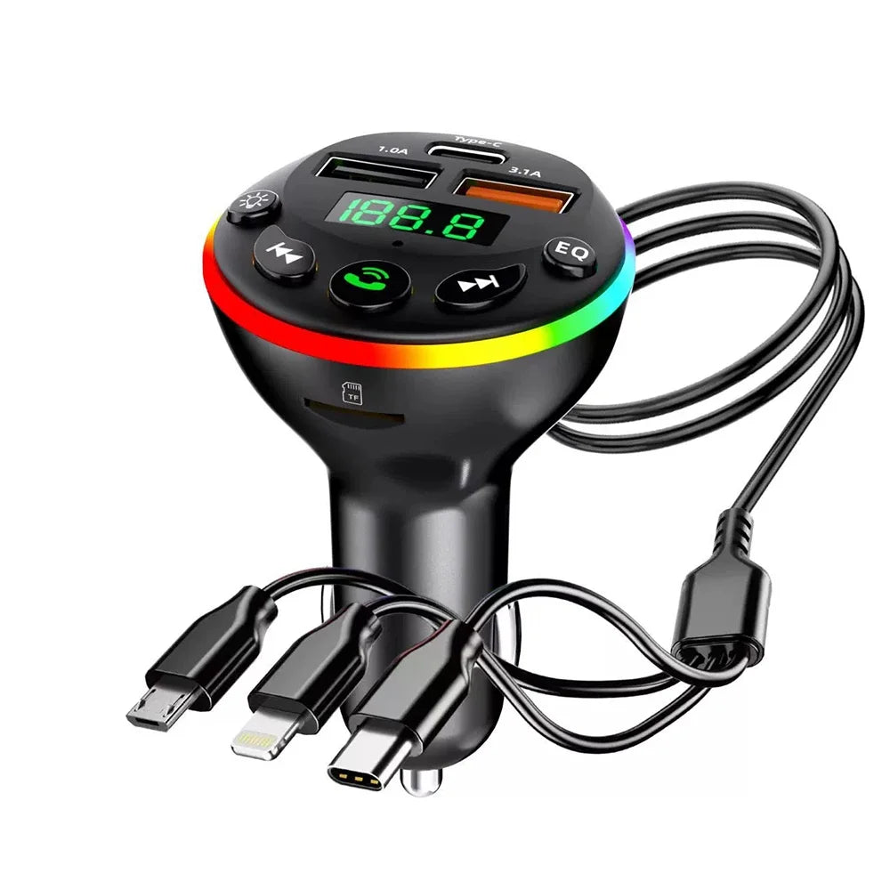 Bluetooth 5.0 FM Transmitter Car MP3 Modulator Player Handsfree Audio Receiver PD+USB Phone Charger With 3 in 1 Charge Cable