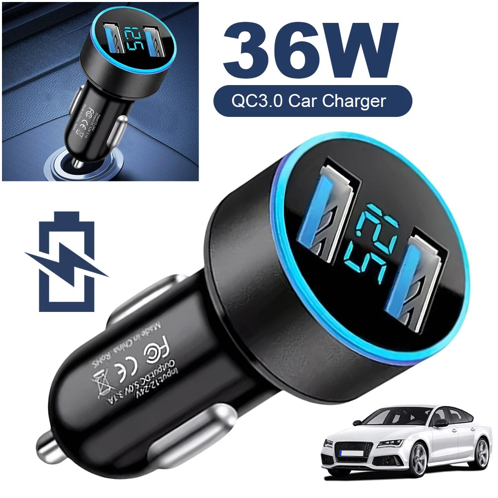 36W Cigarette Lighter Socket Splitter Voltage Display Quick Car Charger Dual USB PD QC3.0 Fast Charger for iPhone Samsung Xiaomi