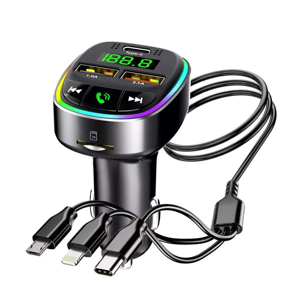 Bluetooth 5.0 FM Transmitter Car MP3 Modulator Player Handsfree Audio Receiver PD+USB Phone Charger With 3 in 1 Charge Cable