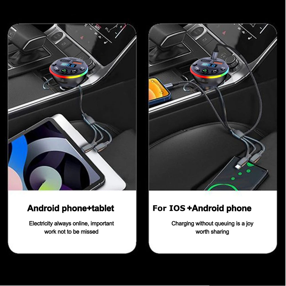 Bluetooth 5.0 FM Transmitter Car MP3 Modulator Player Handsfree Audio Receiver PD+USB Phone Charger With 3 in 1 Charge Cable