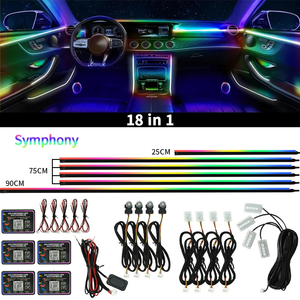 Symphony Car Ambient Lights Kit 18 in 1 LED Interior RGB APP Control Acrylic Guide Strip Light Auto Atmosphere Lamp