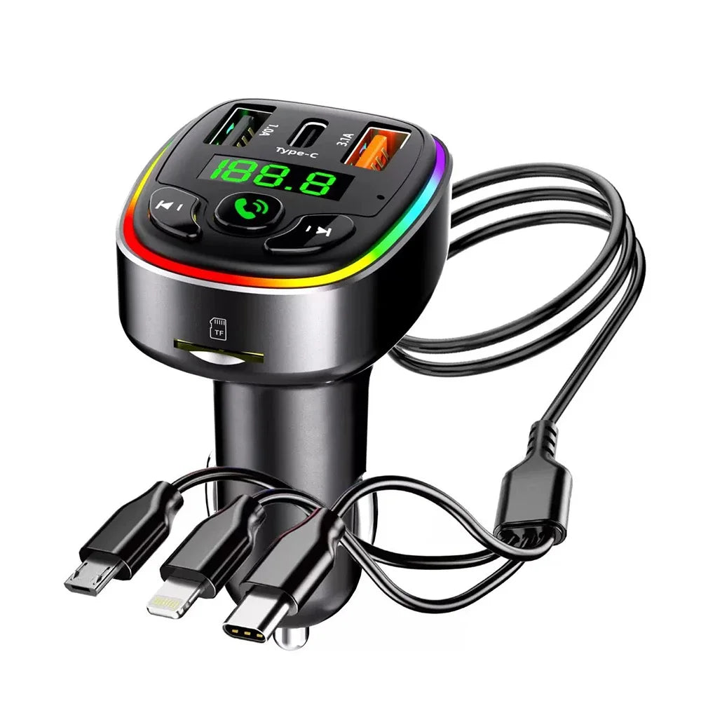 Bluetooth 5.0 FM Transmitter Car MP3 Modulator Player Handsfree Audio Receiver PD+USB Phone Charger With 3 in 1 Charge Cable