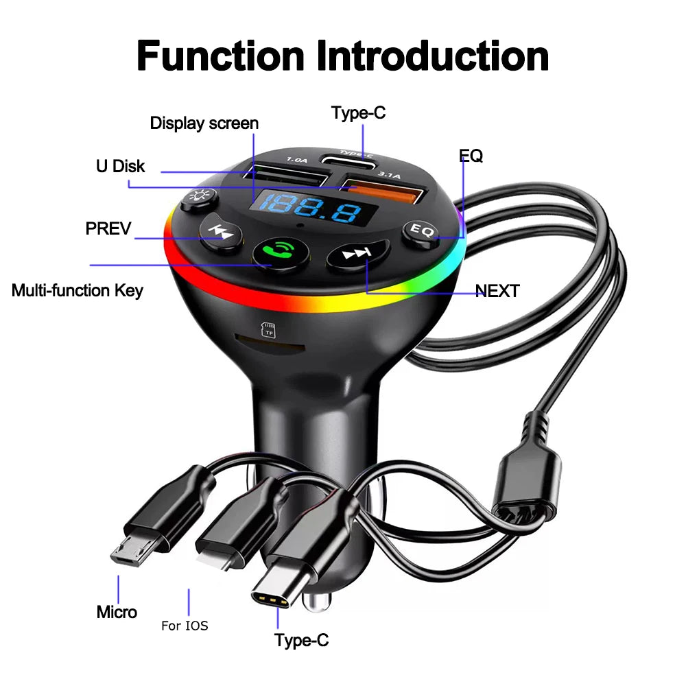 Bluetooth 5.0 FM Transmitter Car MP3 Modulator Player Handsfree Audio Receiver PD+USB Phone Charger With 3 in 1 Charge Cable