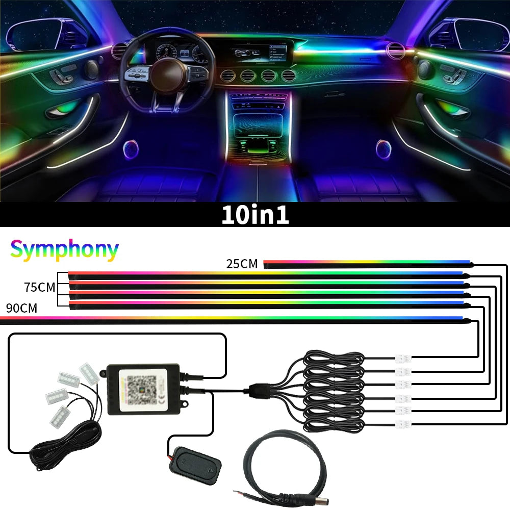 Symphony Car Ambient Lights Kit 18 in 1 LED Interior RGB APP Control Acrylic Guide Strip Light Auto Atmosphere Lamp