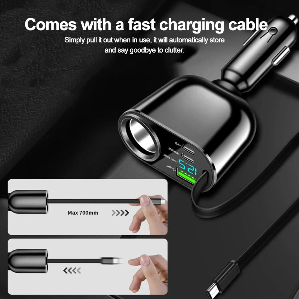 5 in 1 66W Car Charger Retractable Car Cigarette Lighter Adapter USB Type C Fast Charger Cable for IPhone Xiaomi Huawei Samsung